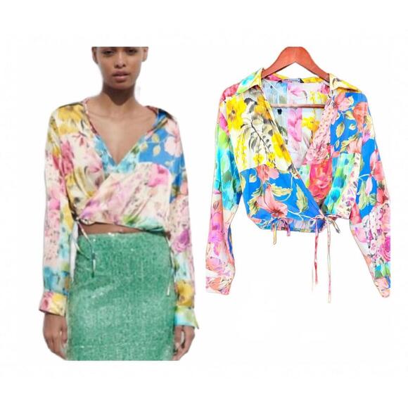 Zara Tops - ZARA Shirt, Satin Multicolored Longsleeve Wrap shirt with Ties NWOT